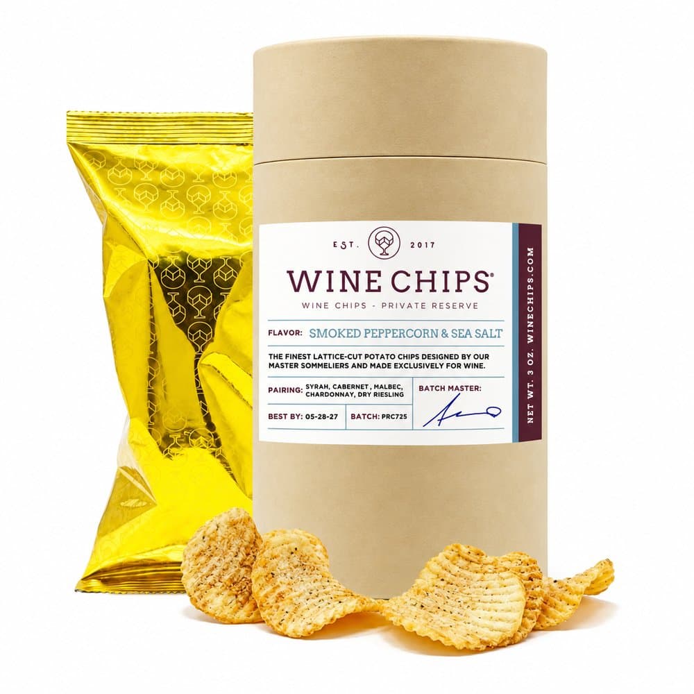 A Wine Chips Private Reserve tube and refill bag with lattice-cut chips